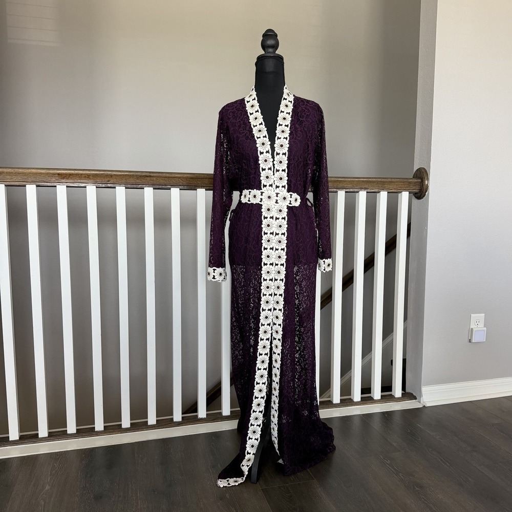 Purple Lace Crochet Long Cardigan Duster Gothic Festival Dark Large Rhinestones